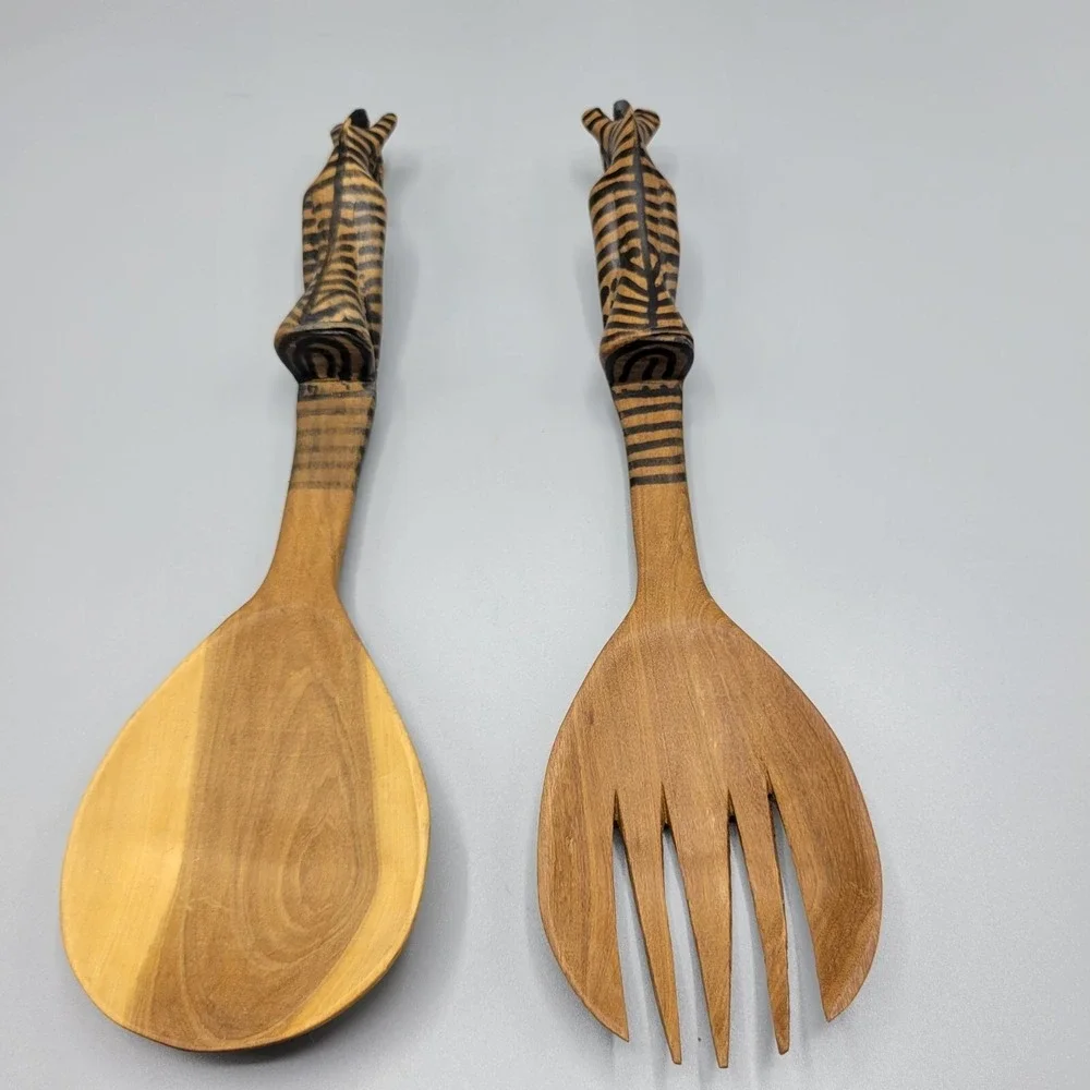 Hand Carved Wooden Sitting Zebra Salad Server Set Spoon & Fork